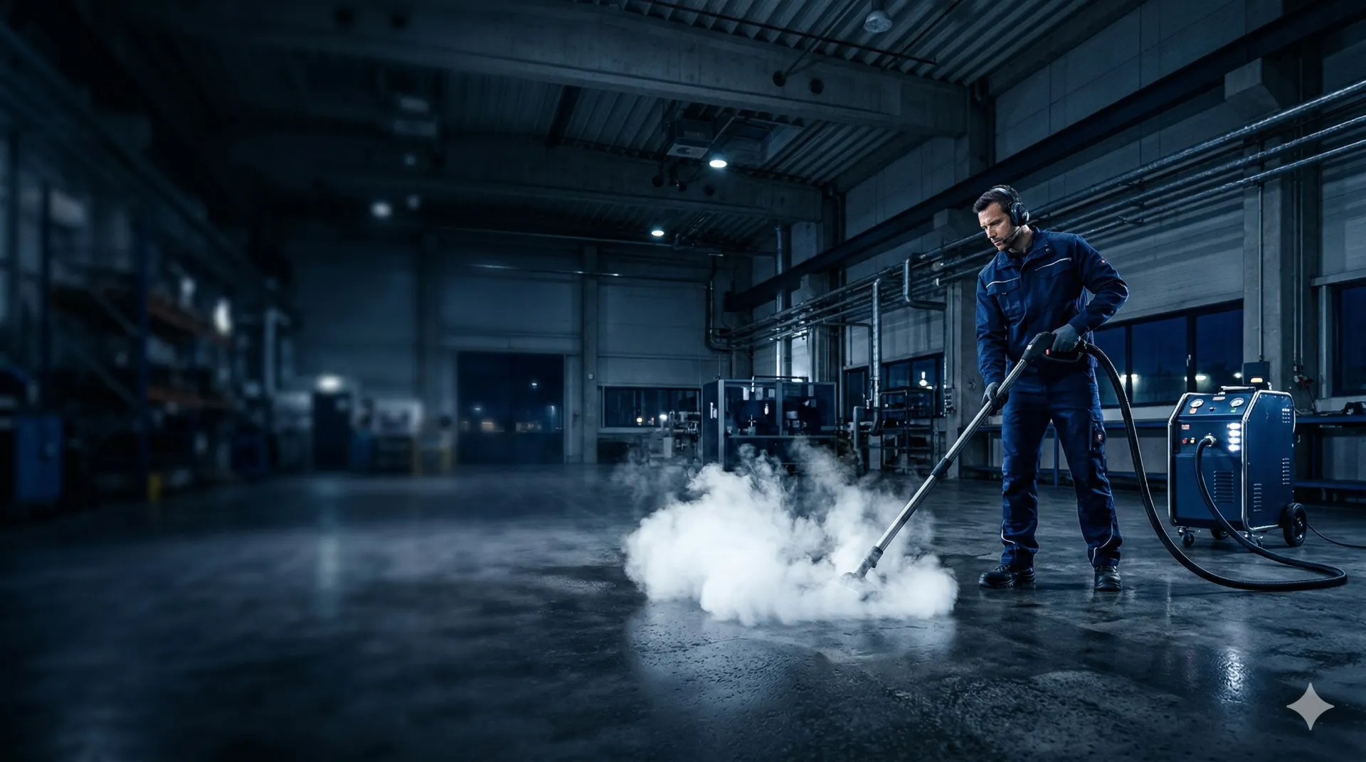 Technician using dry steam during a technical floor restoration
